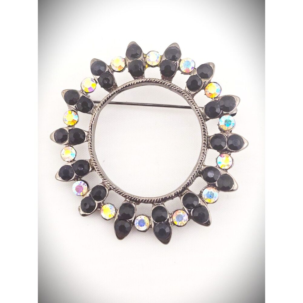 Black & AB Rhinestone Circular Brooch Pin Whimsy Goth Statement  2" Witchy Glam